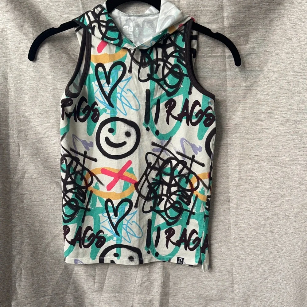 Rags Kids Graffiti Print Hooded Tank Top - White/Teal - Picture 1 of 4